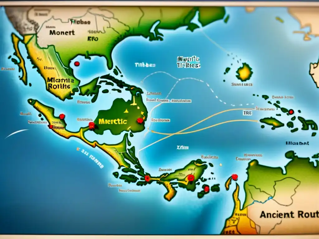 Antiguo mapa detallado de rutas migratorias de tribus con marcadores de prácticas espirituales