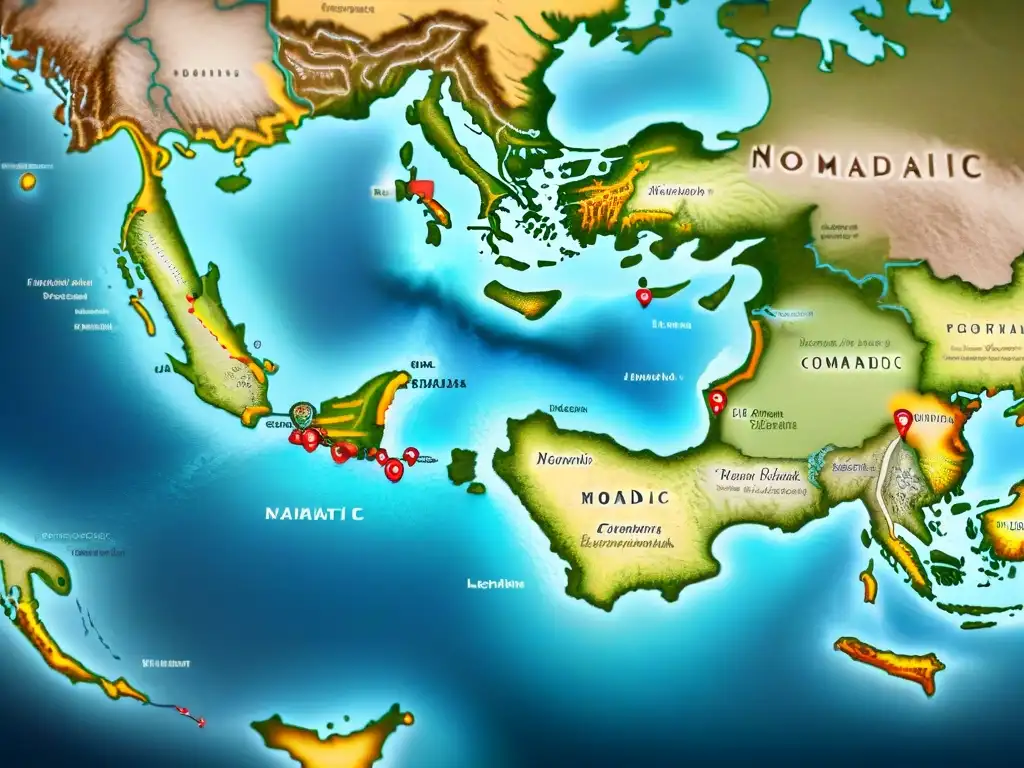 Un antiguo mapa detallado con rutas de migración nómada y símbolos culturales, destaca el impacto nómada en geopolítica mundial