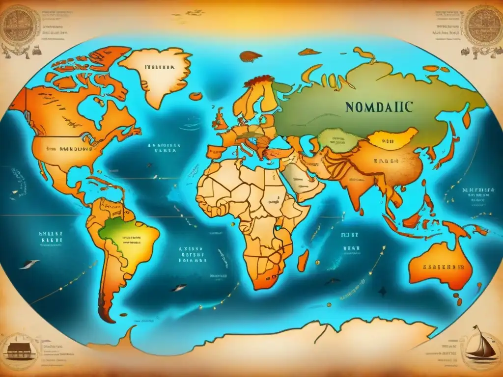 Un antiguo mapa detallado de las rutas de migración de tribus nómadas, evocando historia genética