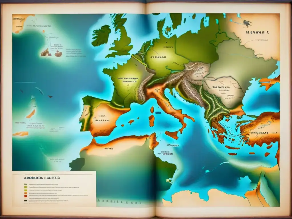 Un antiguo mapa detallado de rutas de migraciones nómadas, con tonos terrosos y marcas desgastadas, indicando paradas clave