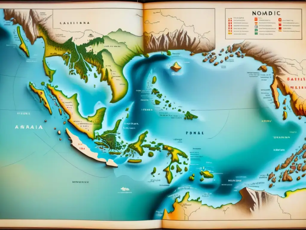 Antiguo mapa detallado de rutas de migración de tribus nómadas, destacando paisajes, animales y elementos culturales