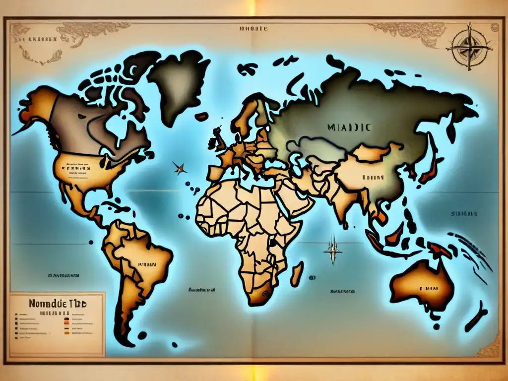 Un antiguo mapa detallado con rutas migratorias de tribus nómadas en la historia, en tonos sepia