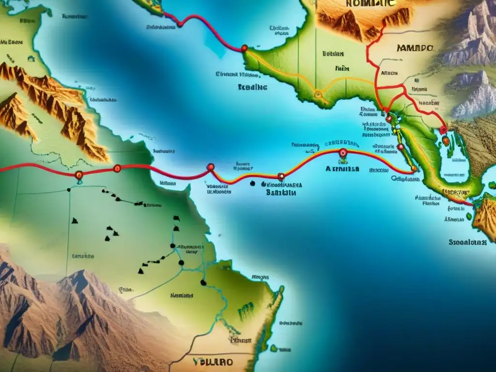 Antiguo mapa detallado de rutas de migración de tribus nómadas, con tiendas y camellos