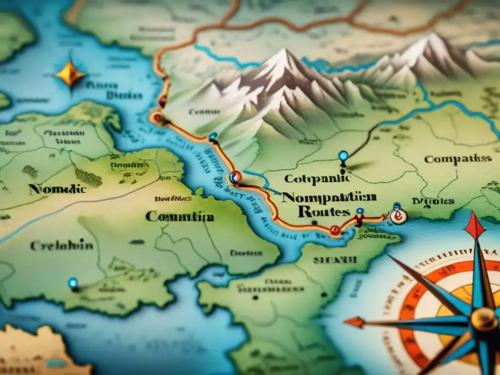 Antiguo mapa detallado con rutas y símbolos de agua y montañas, rodeado de rosas de los vientos y caligrafía envejecida