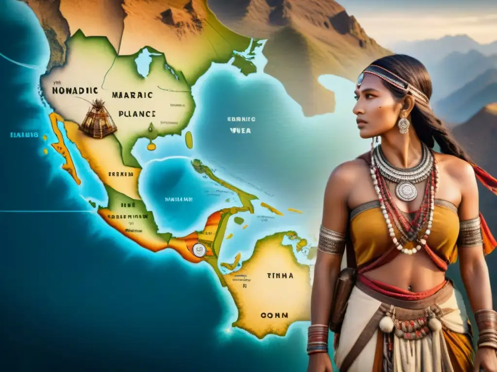Mapa ancestral de tribus nómadas: alianzas y rutas comerciales Un antiguo mapa detallado de territorios nómadas con estrategias de alianzas tribales