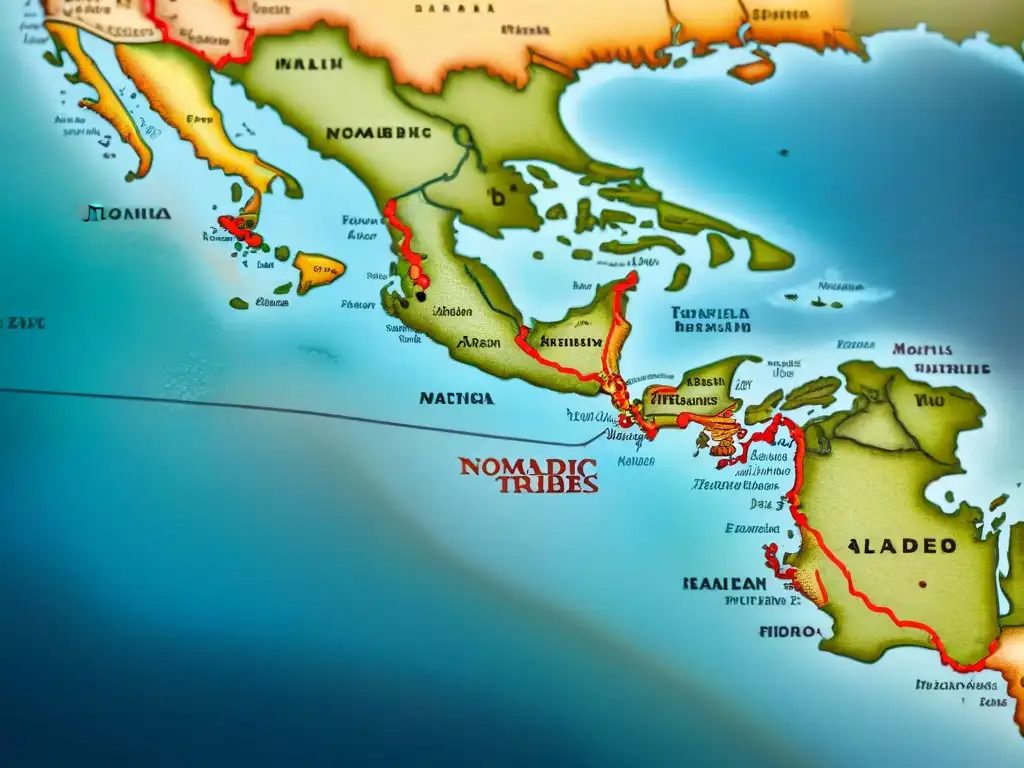 Antiguo mapa detallado de territorios de tribus nómadas, fronteras intrincadas y tratados tribus nómadas historia en tonos terrosos desgastados