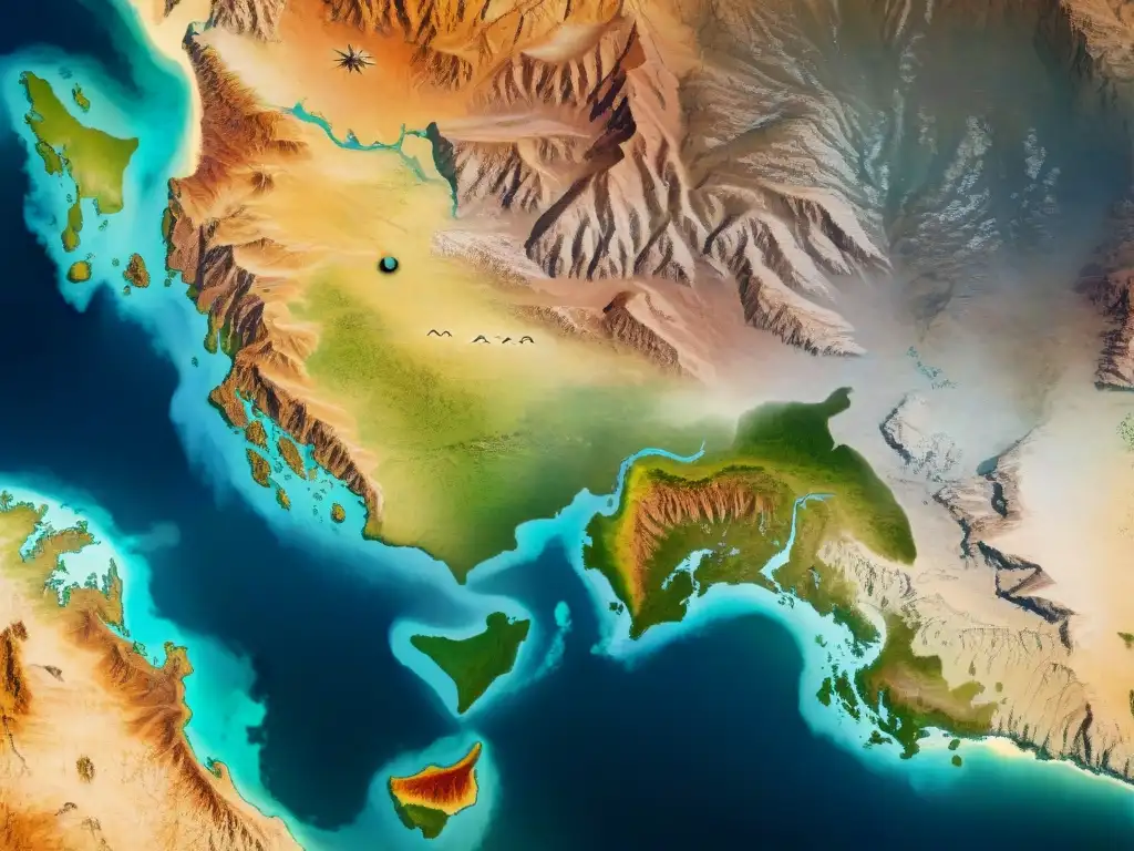 Antiguo mapa detallado de territorios nómadas con gestión de recursos naturales, desgastado y lleno de historia