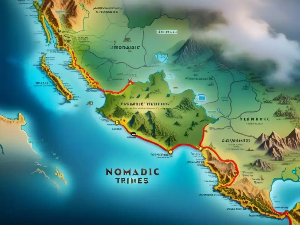 Antiguo mapa detallado de tribus nómadas con símbolos de justicia, reflejando su jurisdicción legal en un pasado rico y complejo