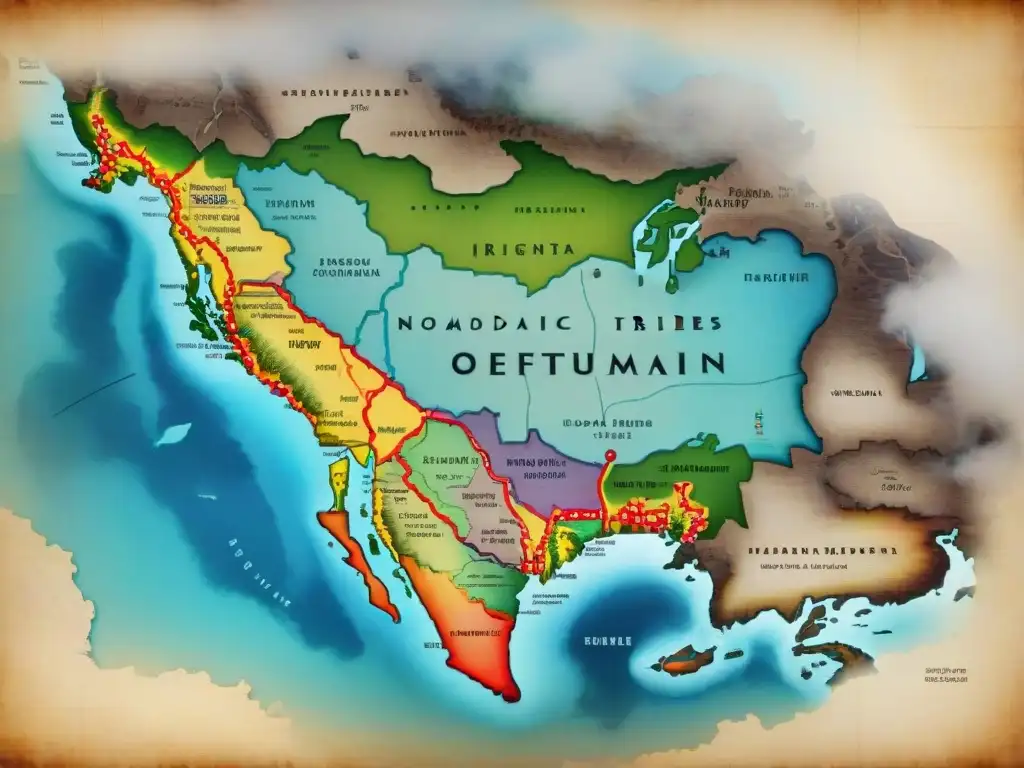 Antiguo mapa detallado de tribus nómadas con tratados históricos y símbolos coloridos