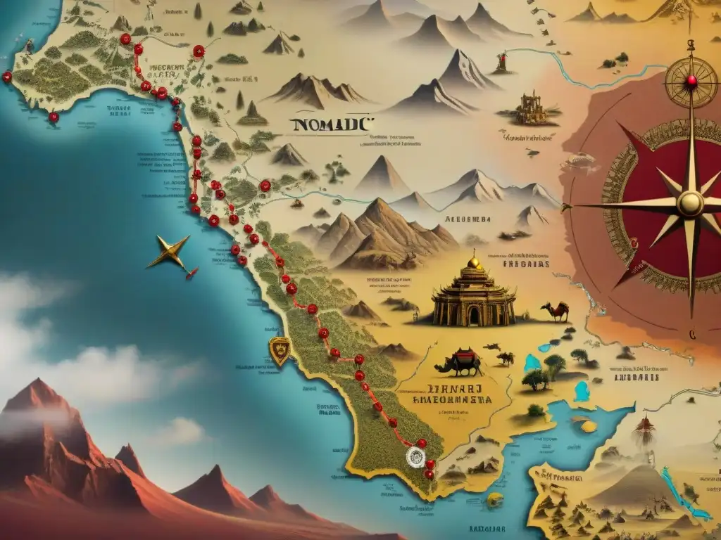 Antiguo mapa detallado de tribus nómadas en estepas, con tiendas, camellos y personas en ropa tradicional