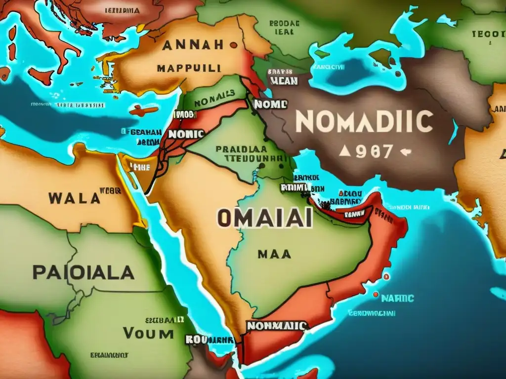 Un antiguo mapa detallado del Medio Oriente, con tribus nómadas y rutas, en tonos terrosos