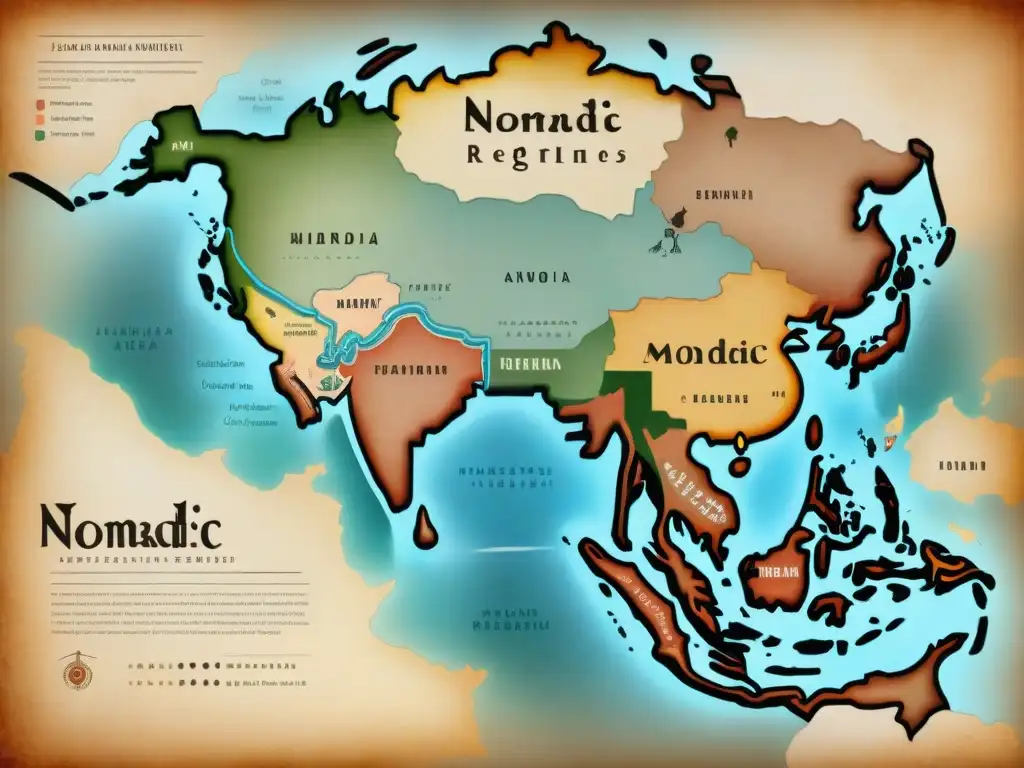 Antiguo mapa detallado de tribus nómadas históricas y sus relaciones en estepas, evocando misterio y alianzas