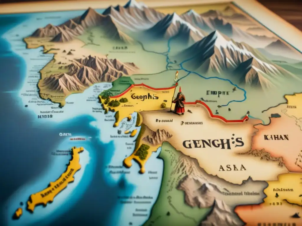 Antiguo mapa detallado del vasto imperio de Genghis Khan con estrategias de batallas y leyendas de conquistas en Asia y Europa