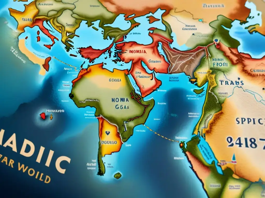 Un antiguo mapa dibujado a mano de rutas comerciales, con tribus nómadas intercambiando especias en paisajes exóticos