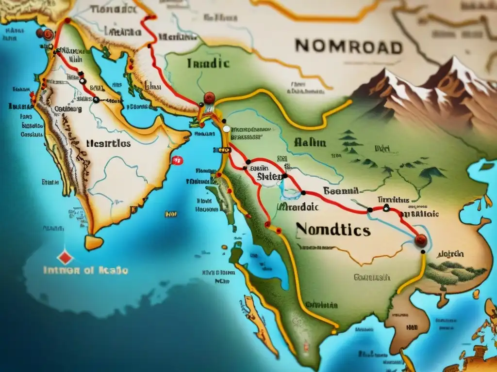 Un antiguo mapa detallando la Medicina nómada en la Ruta de la Seda, con ilustraciones de tribus y prácticas médicas ancestrales