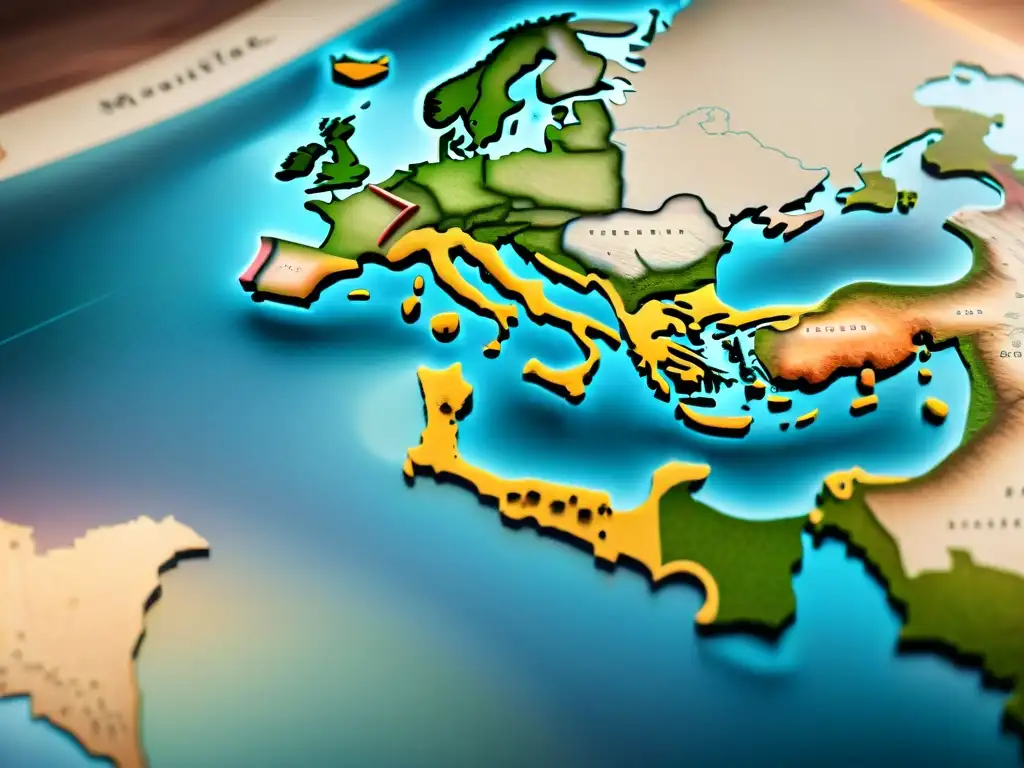 Antiguo mapa de migraciones nómadas climáticas geopolíticas, con ilustraciones detalladas en tonos terrosos descoloridos