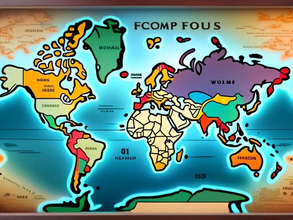 Un antiguo mapa mundial detallado con tonos coloridos y desgastados, marcando rutas y destinos de viaje con símbolos y caligrafía vintage