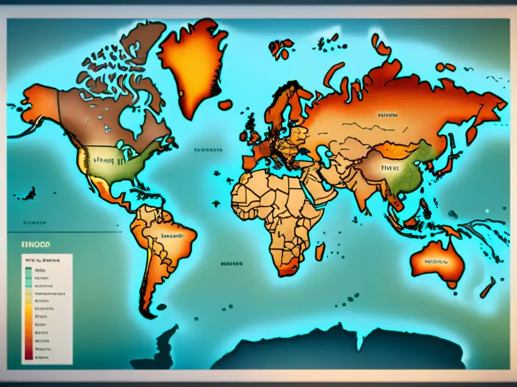 Un antiguo mapa del mundo con detalles intrincados y colores desgastados, evocando historia y movimiento en la geopolítica mundial