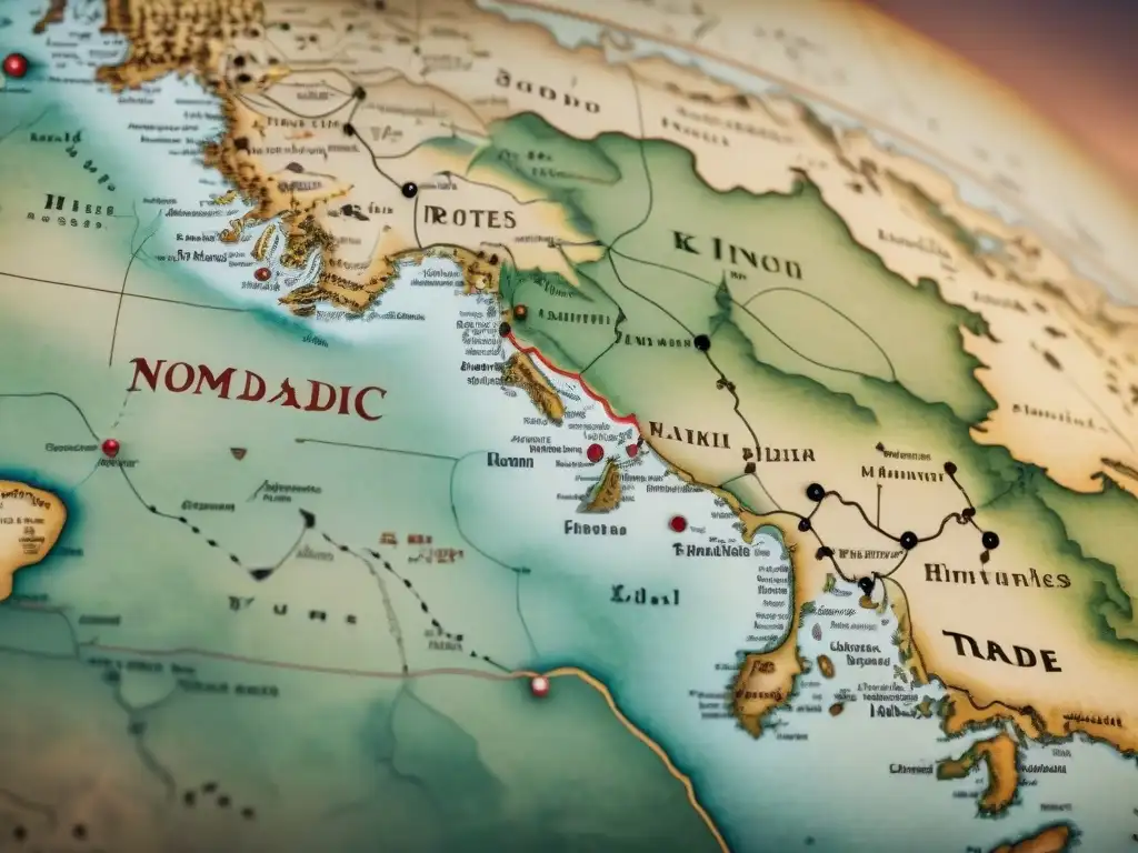 Antiguo mapa de pergamino con rutas comerciales de tribus nómadas, evocando estrategias de negociación en tonos sepia y verdes