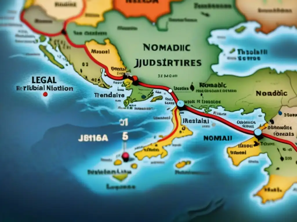 Un antiguo mapa detallando la red de jurisdicciones legales en tribus nómadas, con símbolos tradicionales y rutas comerciales