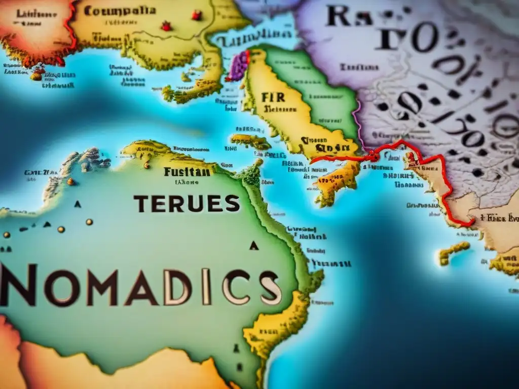 Antiguo mapa con redes diplomáticas tribus nómadas, tonos desgastados y detalles de caravanas recorriendo vastas tierras