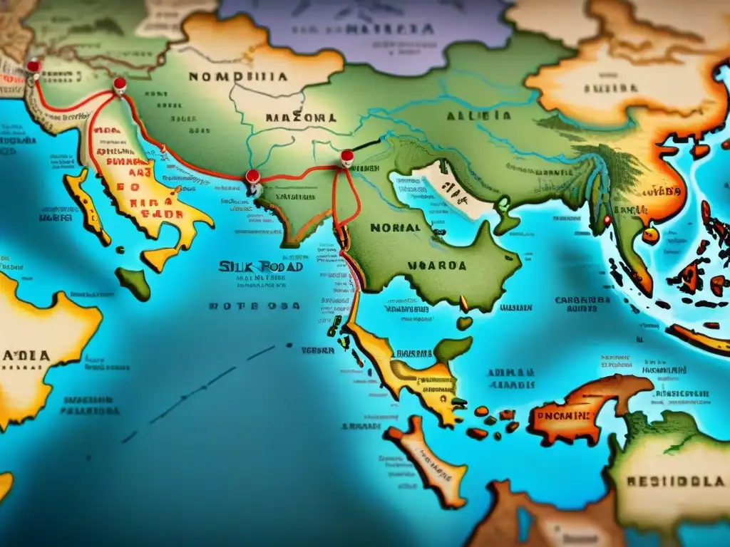 Antiguo mapa de la Ruta de la Seda con tribus nómadas en desiertos y oasis, clave en comercio antiguo