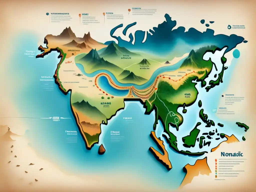 Un antiguo mapa de rutas de migración nómada, con tribus en paisajes diversos y detalles culturales, evocando historia y legado tribal