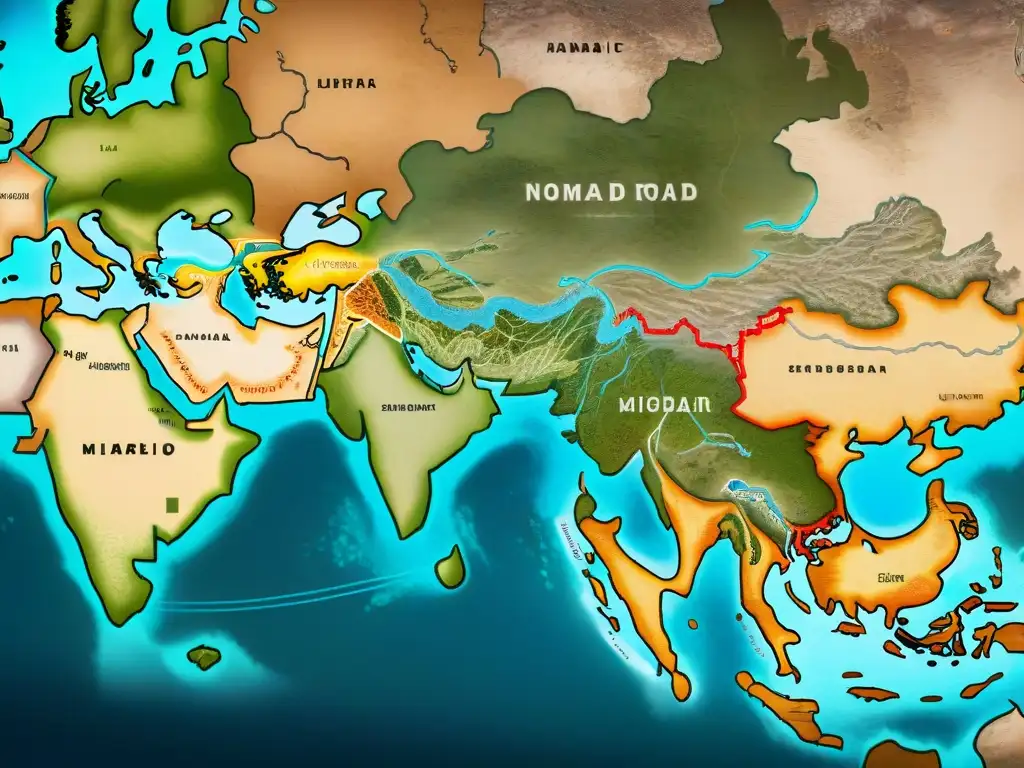 Un antiguo mapa detallando las rutas de la Ruta de la Seda y estrategias militares tribus nómadas