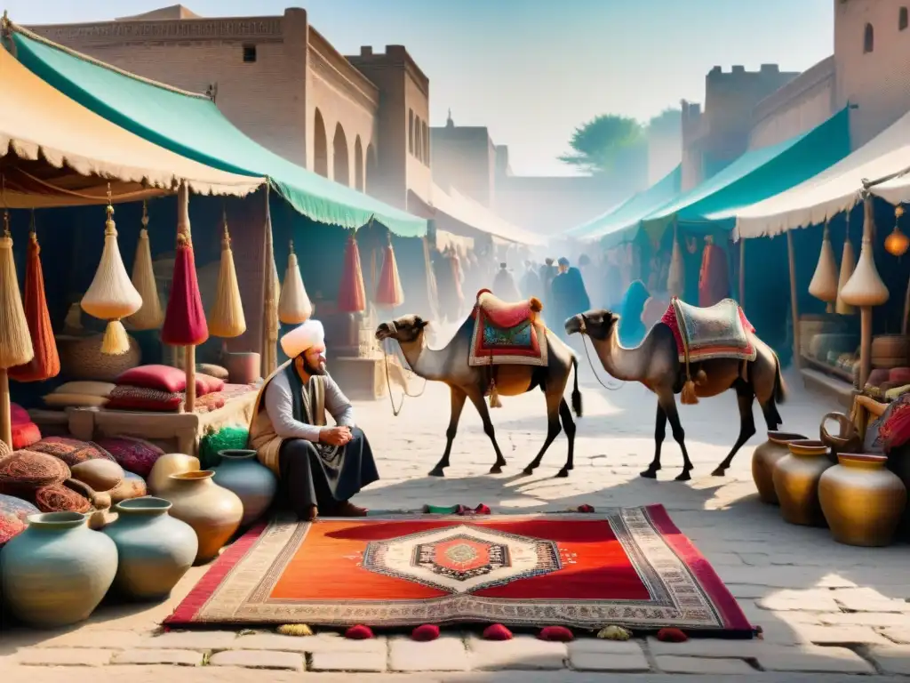 Antiguo mercado de la Ruta de la Seda con tribus nómadas comerciando bajo toldos coloridos y camellos cargados de bienes