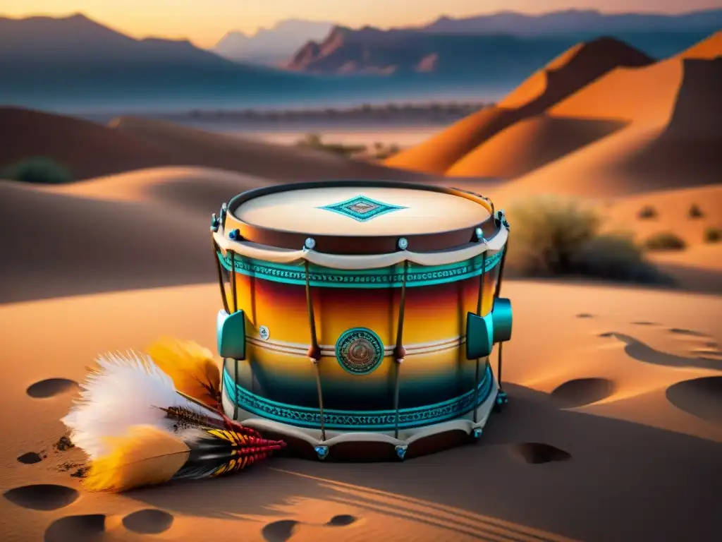 Antiguo tambor tribal con plumas en el desierto al atardecer, evocando historia de instrumentos musicales en tribus nómadas