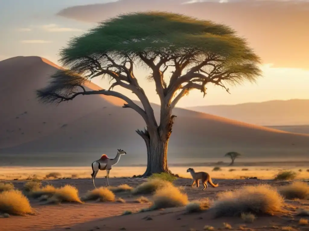 Un árbol solitario resistiendo en la estepa, con camellos, suricatas y un halcón, adaptaciones extremas plantas animales estepas