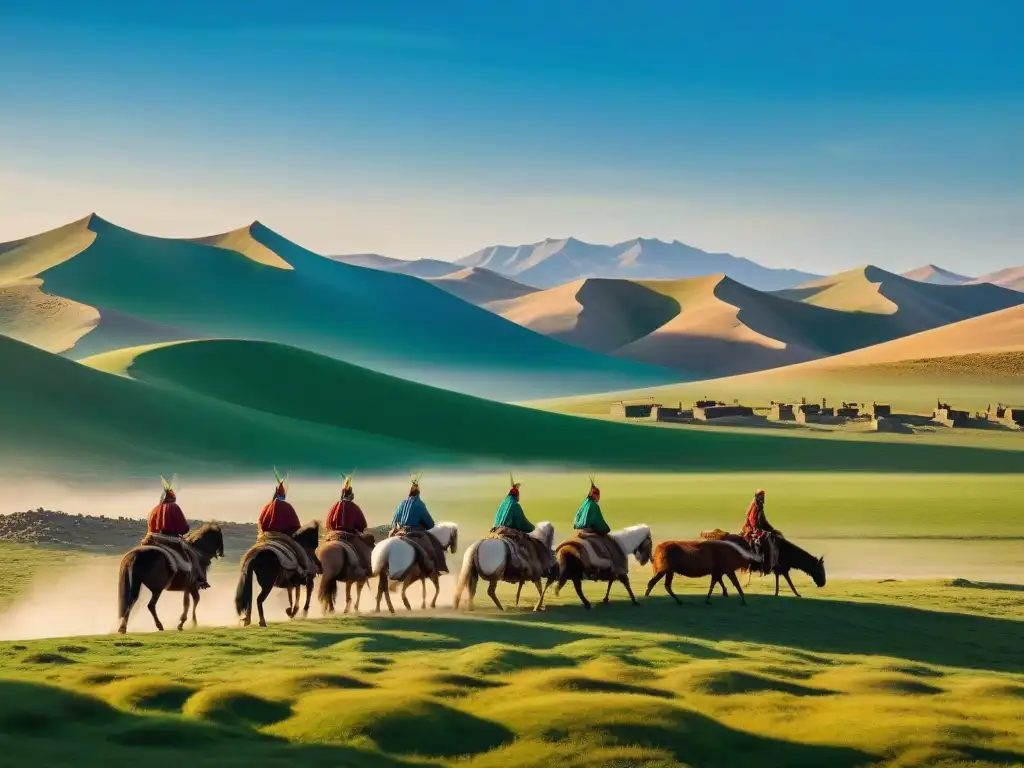 Armonía entre naturaleza y herencia cultural de Genghis Khan en paisaje mongol con tribus nómadas