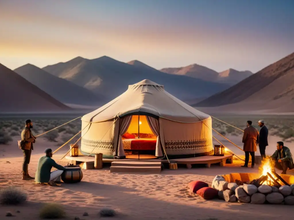 Arquitectura nómada: yurta en desierto al atardecer con patrones vintage y vida nocturna