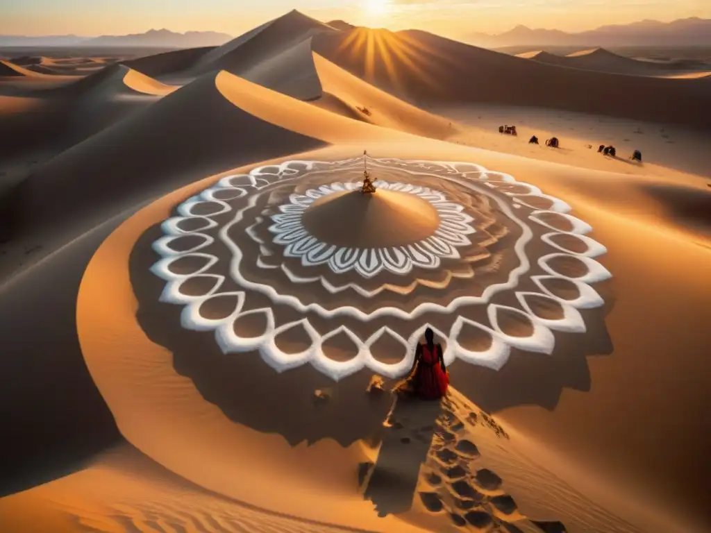 Arte en arena tribus nómadas creando una obra maestra en un desierto vasto y soleado