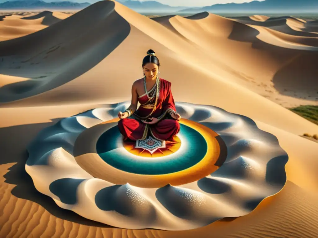 Arte en arena tribus nómadas creando mandala en el desierto, detalle y serenidad