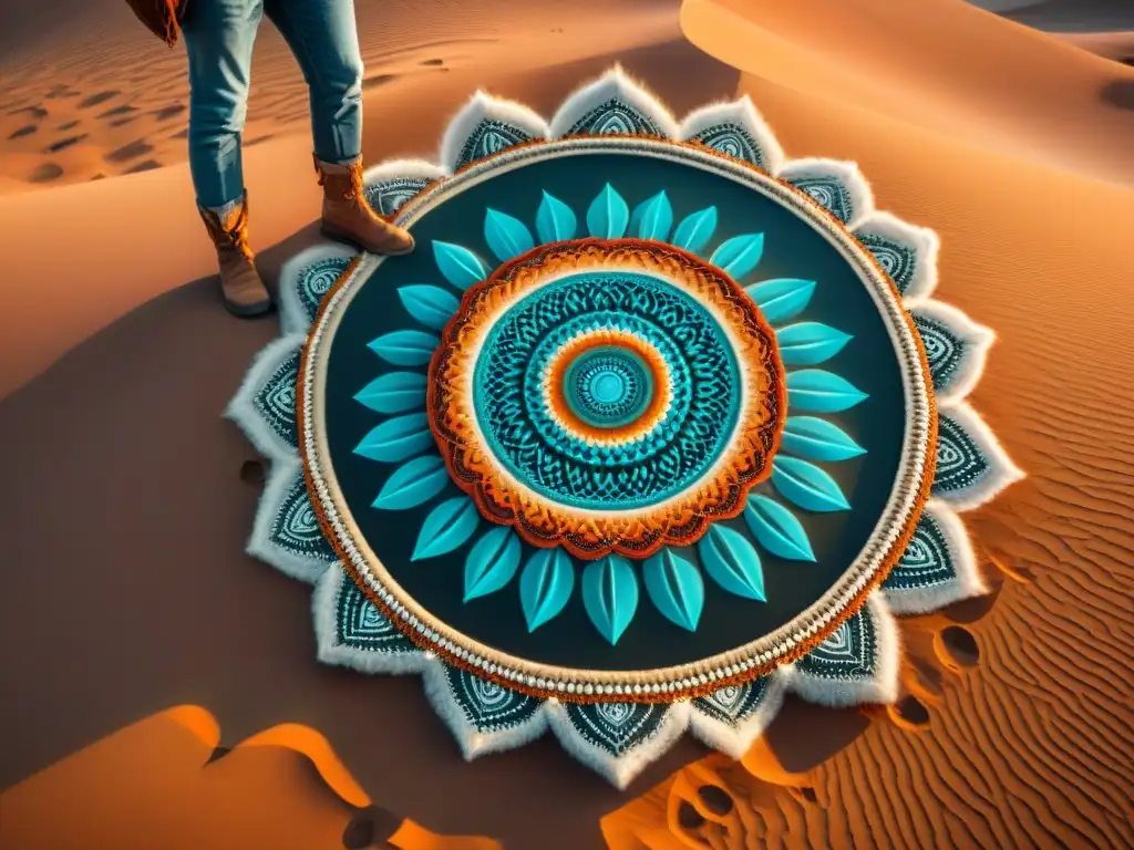 Arte efímero de culturas nómadas: tribu creando mandalas en arena en el desierto al atardecer