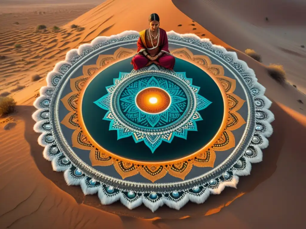 Arte efímero de culturas nómadas: tribu elabora mandalas de arena al atardecer en el desierto