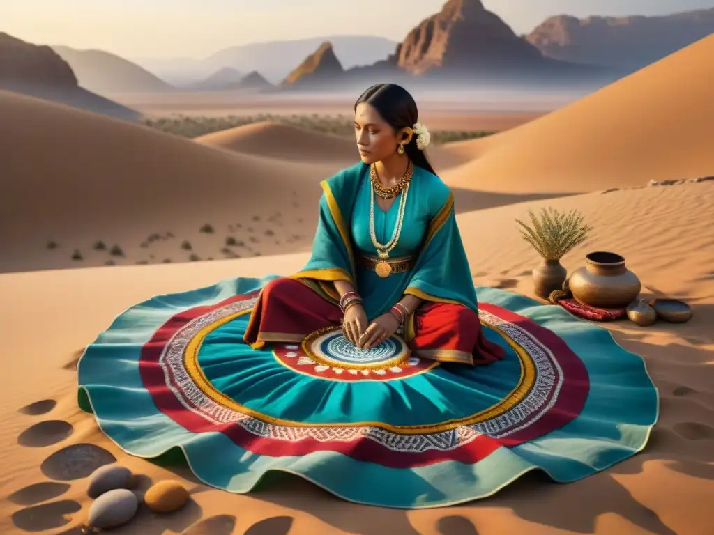 Arte efímero en culturas nómadas: tribu crea mandala en desierto al atardecer con telas y elementos naturales