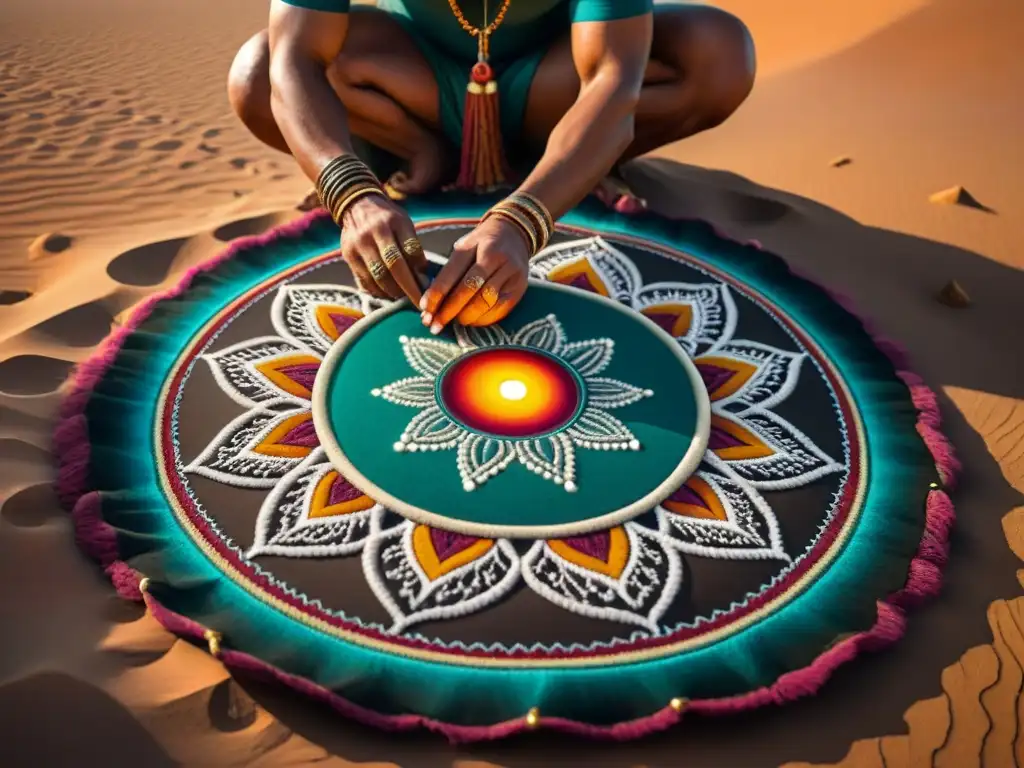 Arte efímero de culturas nómadas: creación de mandala de arena en el desierto al atardecer