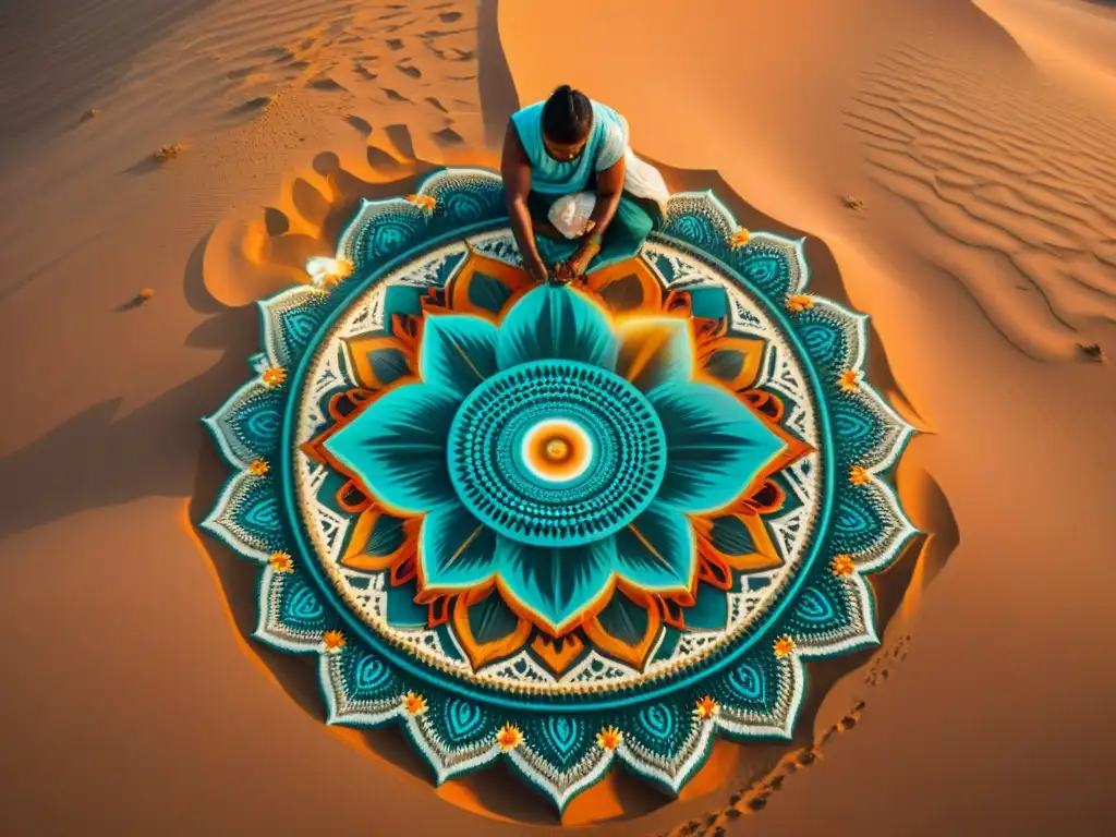 Arte efímero de culturas nómadas: Tribu nómada creando mandalas de arena en el desierto bajo el sol abrasador