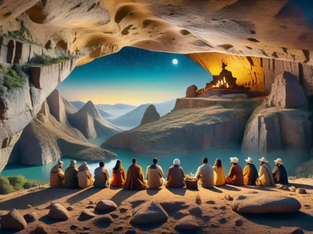 Rituales ancestrales: pinturas rupestres bajo la luna llena Arte nómada: pinturas y grabados en cueva bajo la luna llena