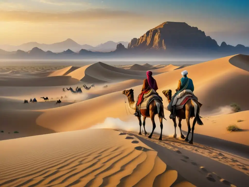 Pintura detallada de tribu nómada en desierto vasto Arte nómada: pinturas y grabados de una tribu viajando por un vasto desierto al atardecer
