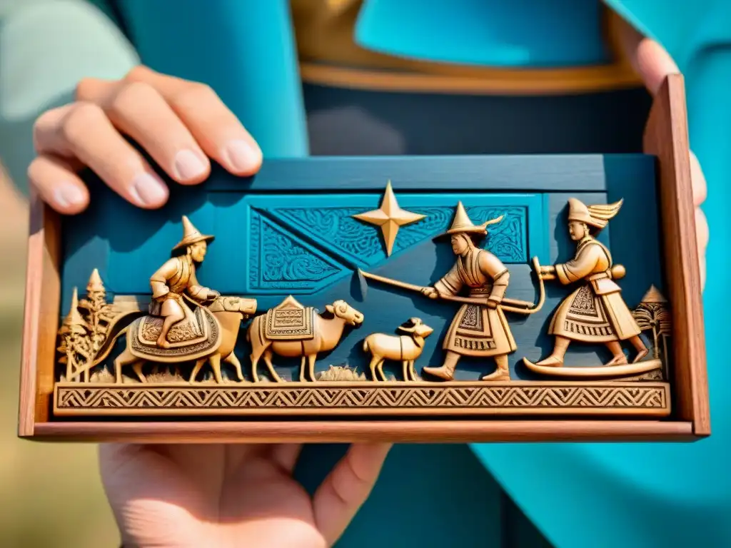 Artesanía kazaja: tallado en madera en la estepa Arte nómada: pinturas y grabados en la estepa kazaja, con nómadas tallando diseños tradicionales en bloques de madera