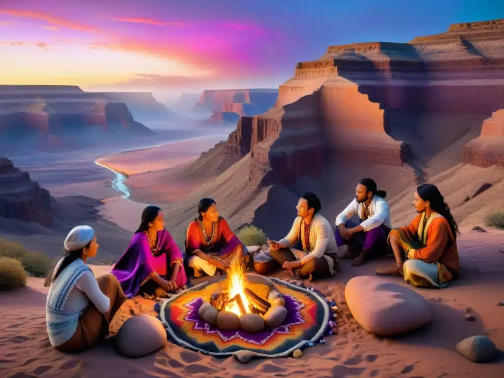 Tríbu nómada en desierto al atardecer: pinturas y campamento Arte nómada: pinturas y grabados en el desierto al atardecer
