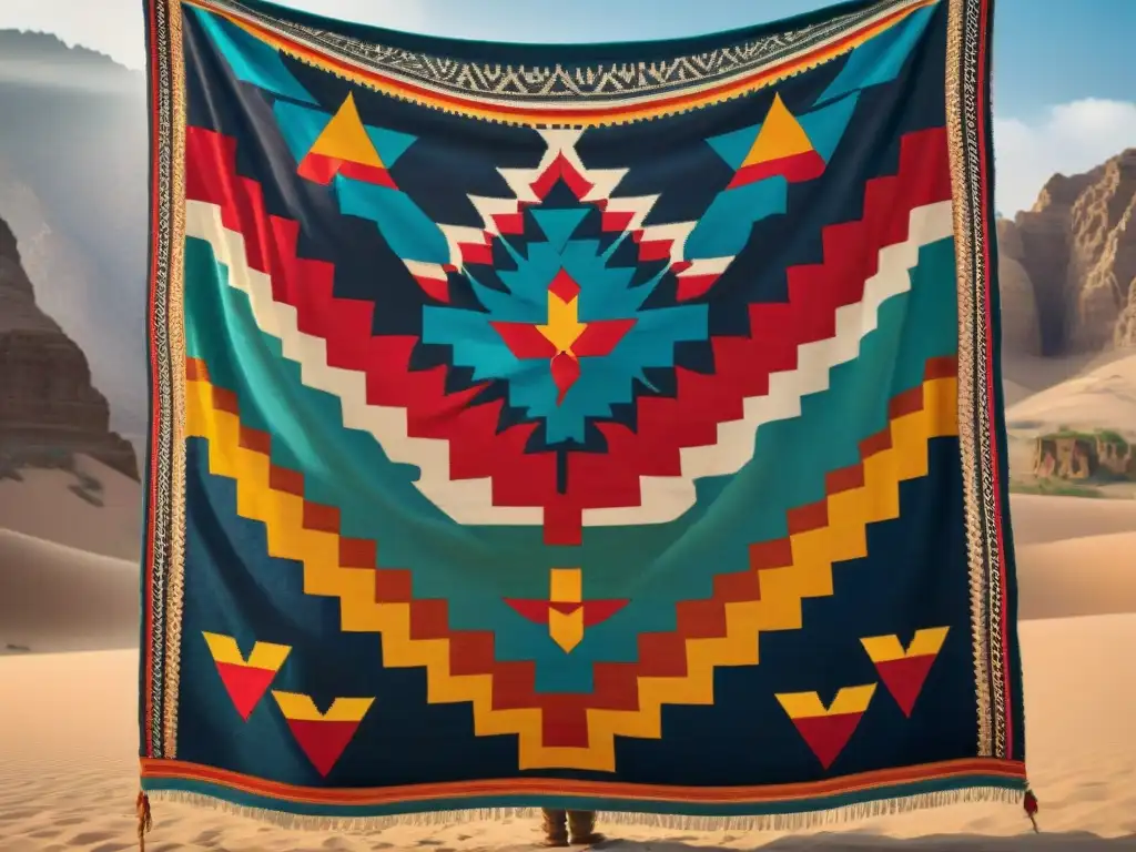 Arte textil tribus nómadas: Intrincado tejido vintage con patrón tribal colorido en rojo, azul, amarillo y verde