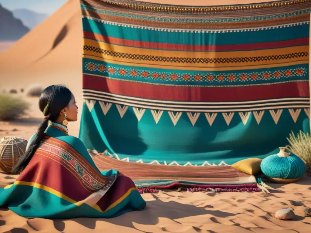 Arte textil tribus nómadas tejiendo una colorida obra maestra en el desierto