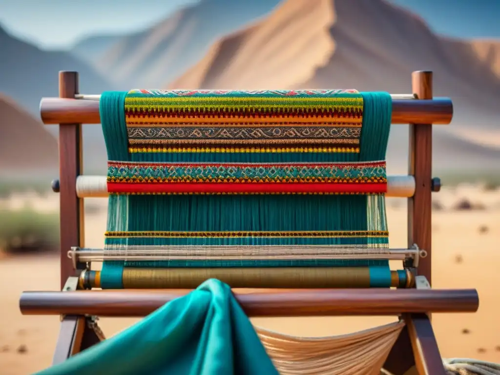 Arte textil tribus nómadas: Loom de tejido detallado con hilos vibrantes entrelazados en tapiz desértico bajo cielo estrellado