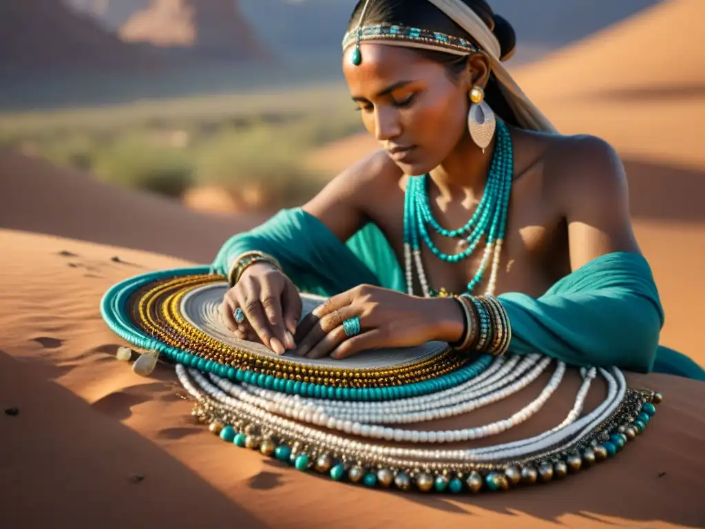 Arte de las tribus nómadas: Artesano nómada del desierto creando hermosa joyería entre paisaje dorado