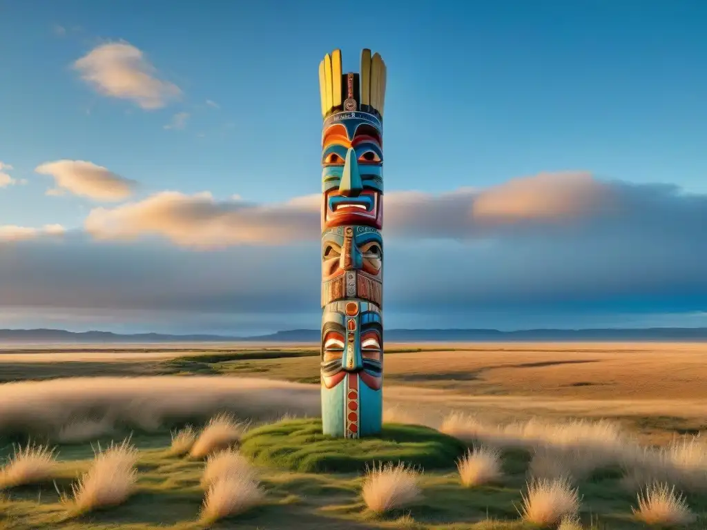 Artefactos ceremoniales tribus nómadas: Totem tribal adornado con plumas y tallas en la estepa soleada