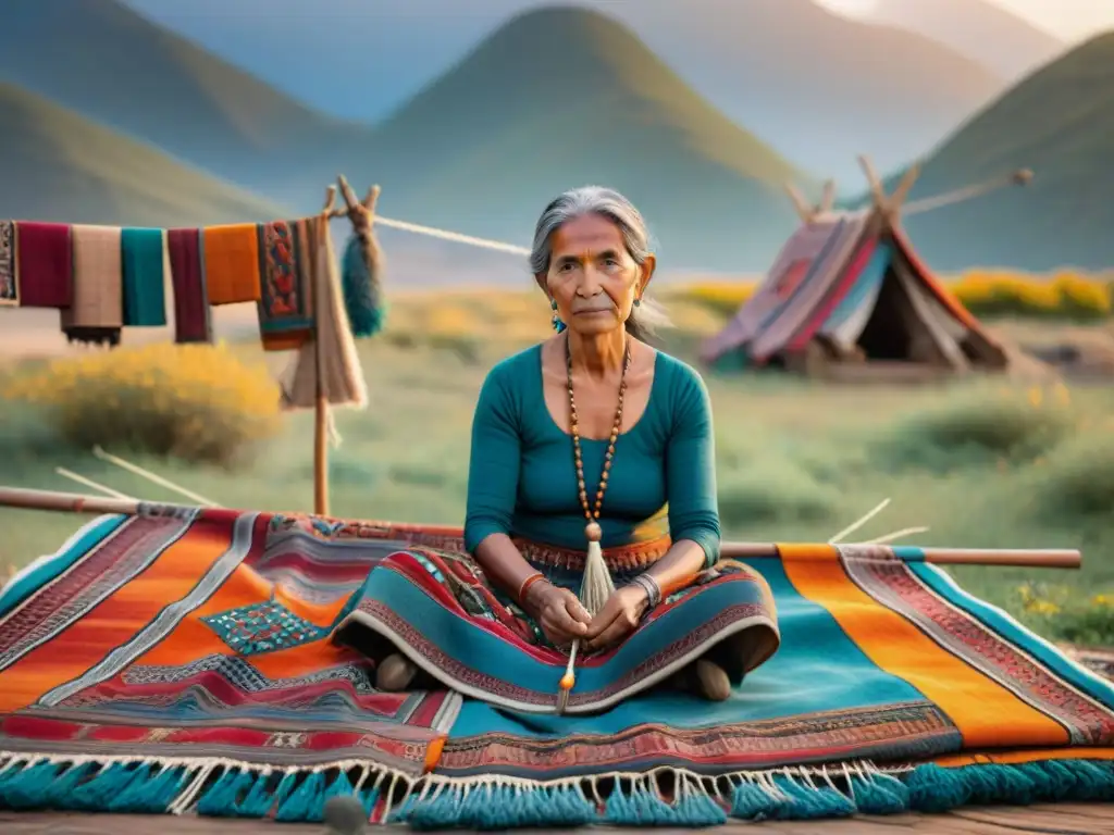 Una artesana textil nómada teje con simbólicos patrones en una escena evocadora al atardecer